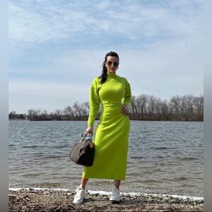 Zara Lime Green Long Sleeve Midi Dress